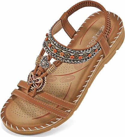 Sandals Women Flat Shoes: Dressy Summer Bohemian Flats Shoes for Women Sandals Comfortable Ankle Strap Outdoor Walking