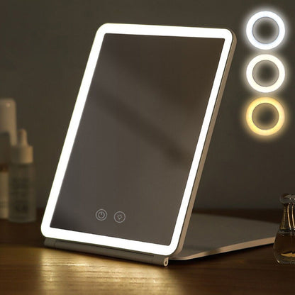 Touch Screen LED Makeup Mirror – Foldable, 3-Color Lighting, USB Rechargeable