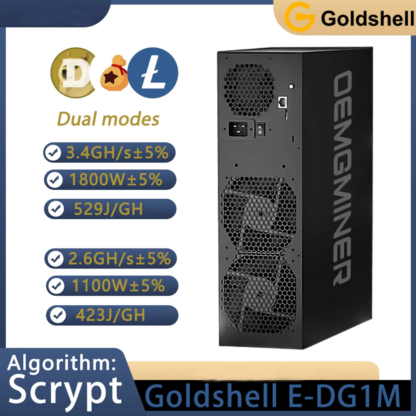 Goldshell E-DG1M 3.4G 1800W DOGE Silent Home Miner with PSU In Stock New