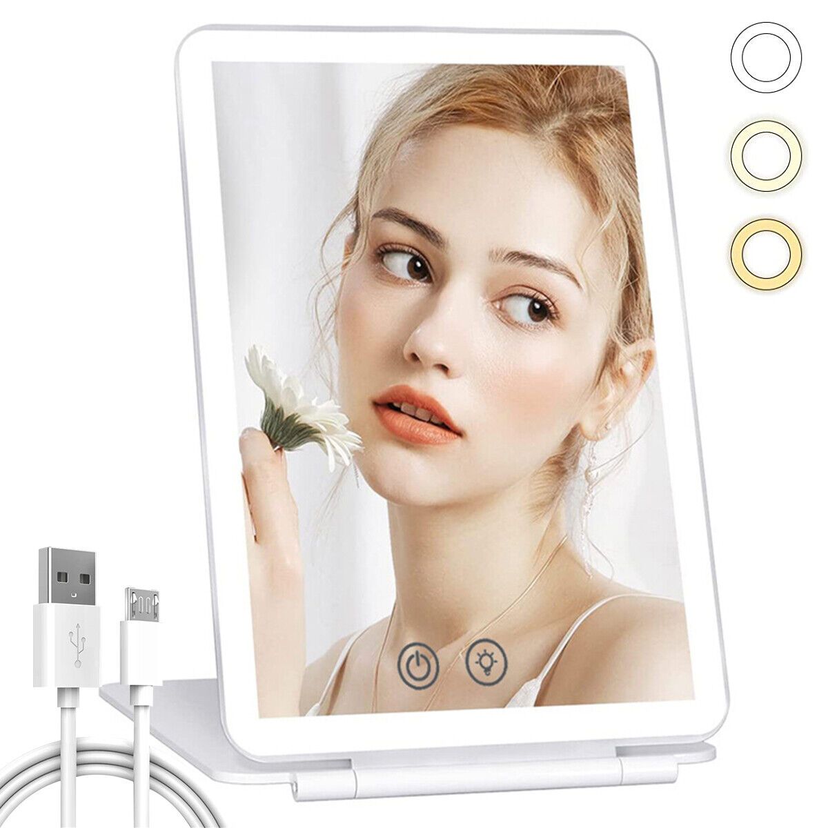 Touch Screen LED Makeup Mirror – Foldable, 3-Color Lighting, USB Rechargeable