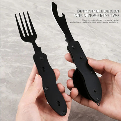 Stainless Steel 4-in-1 Camping Utensil Set: Foldable Spoon, Fork, Knife, Bottle Opener