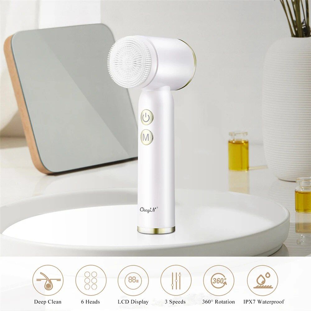 6-in-1 Ultrasonic Facial Cleanser Electric Auto-Rotating & Waterproof Brush for Deep Pore Cleaning