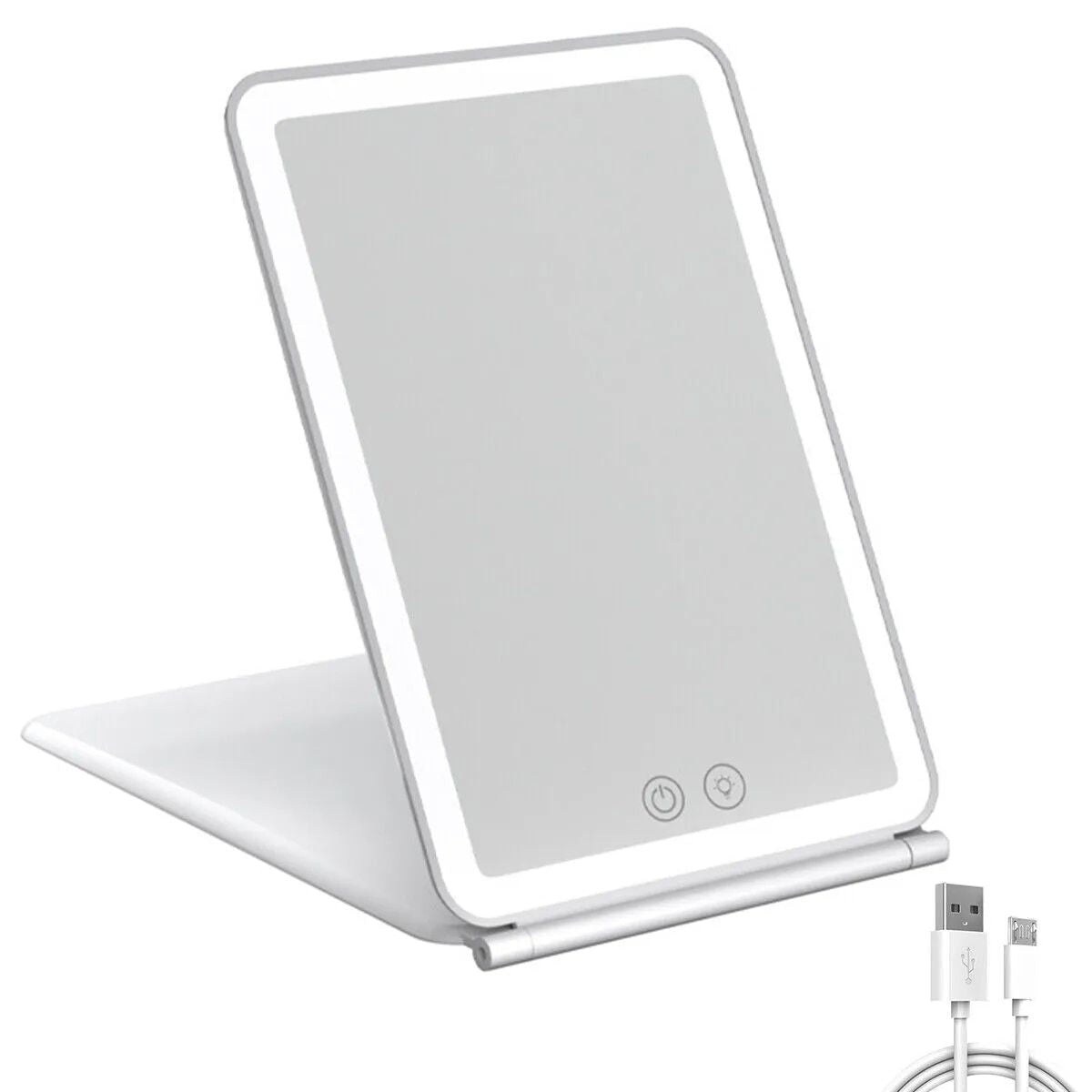 Touch Screen LED Makeup Mirror – Foldable, 3-Color Lighting, USB Rechargeable