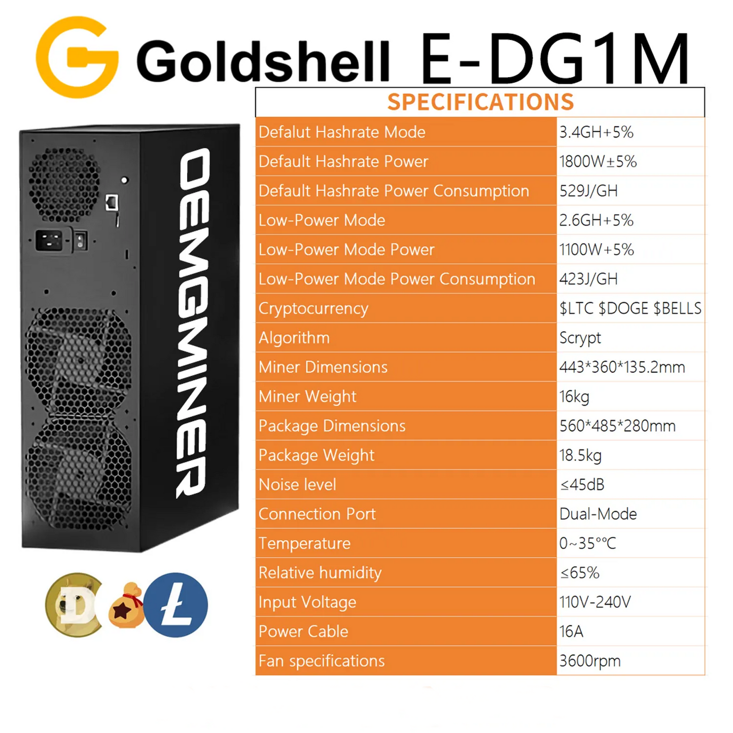 Goldshell E-DG1M 3.4G 1800W DOGE Silent Home Miner with PSU In Stock New