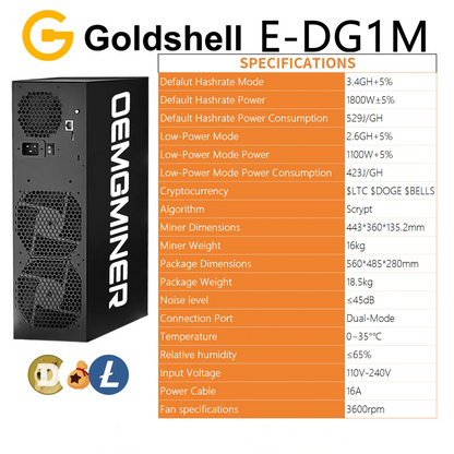 Goldshell E-DG1M 3.4G 1800W DOGE Silent Home Miner with PSU In Stock New