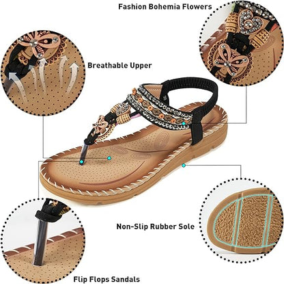 Sandals Women Flat Shoes: Dressy Summer Bohemian Flats Shoes for Women Sandals Comfortable Ankle Strap Outdoor Walking