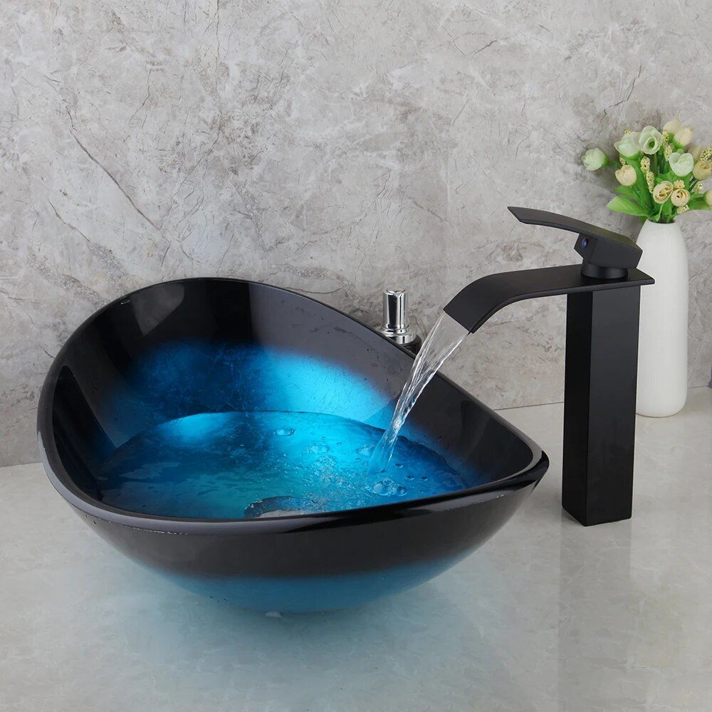 Tempered Glass Waterfall Faucet Oval Basin with Drain Pipe