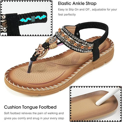 Sandals Women Flat Shoes: Dressy Summer Bohemian Flats Shoes for Women Sandals Comfortable Ankle Strap Outdoor Walking