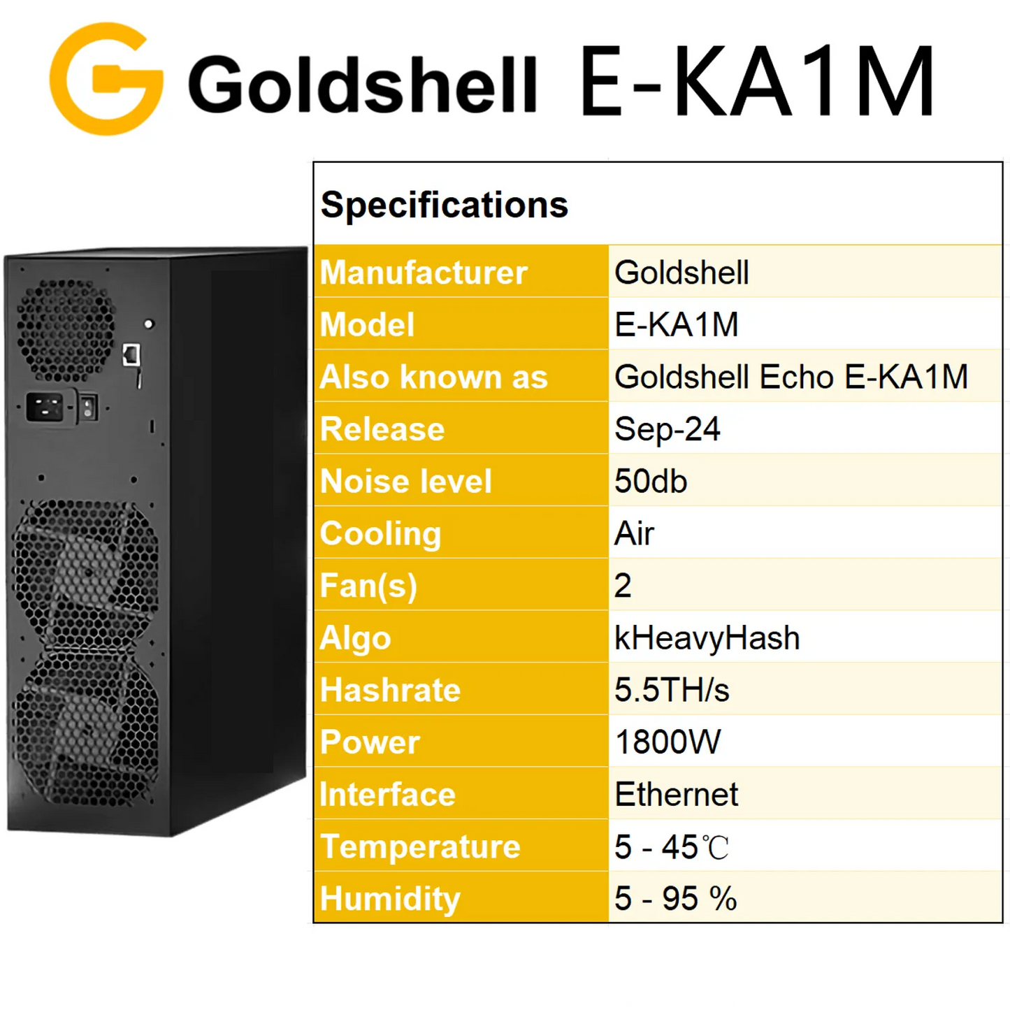 Goldshell E-KA1M 5.5T 1800W Kaspa Silent KAS Home Miner with PSU