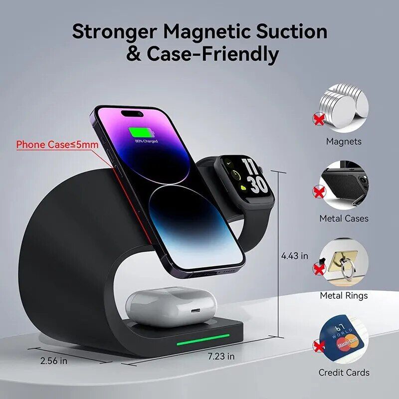 Magnetic Wireless Charging Stand 15W, Fast Induction Charger Dock for iPhone 141312, iWatch, AirPods