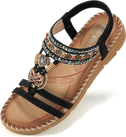 Sandals Women Flat Shoes: Dressy Summer Bohemian Flats Shoes for Women Sandals Comfortable Ankle Strap Outdoor Walking