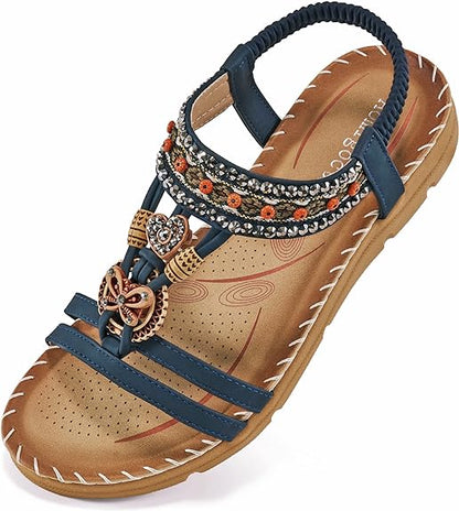 Sandals Women Flat Shoes: Dressy Summer Bohemian Flats Shoes for Women Sandals Comfortable Ankle Strap Outdoor Walking